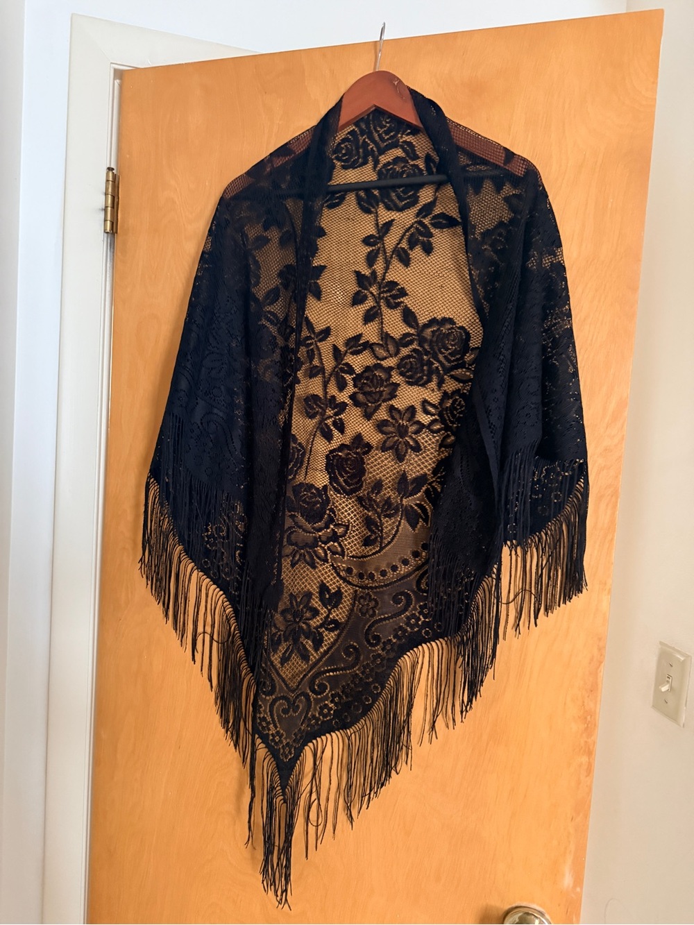Black Floral Lace Fringe Shawl